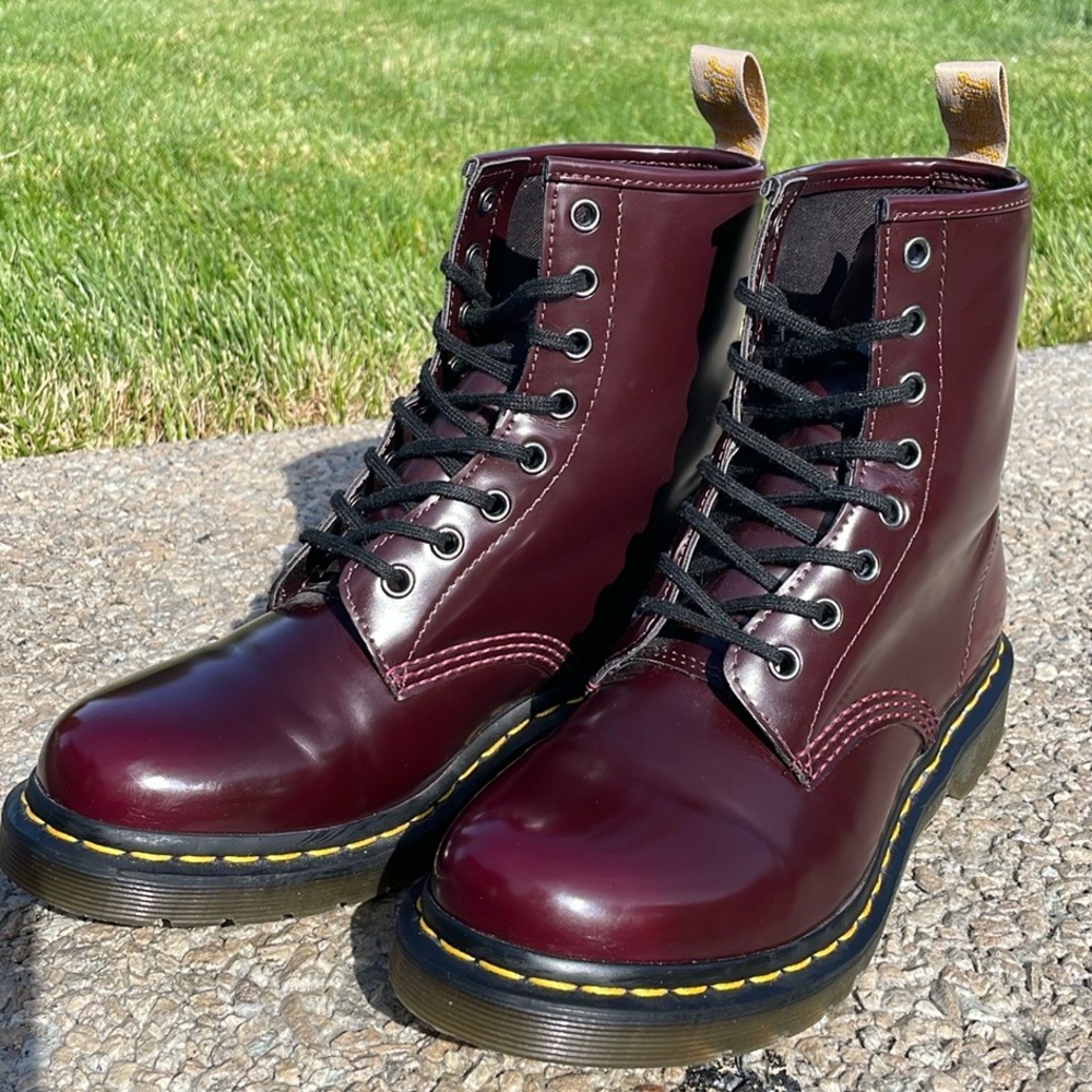 Doc Martins Vegan Leather 1460 lace up boots in Cherry Red. Women Size 8.